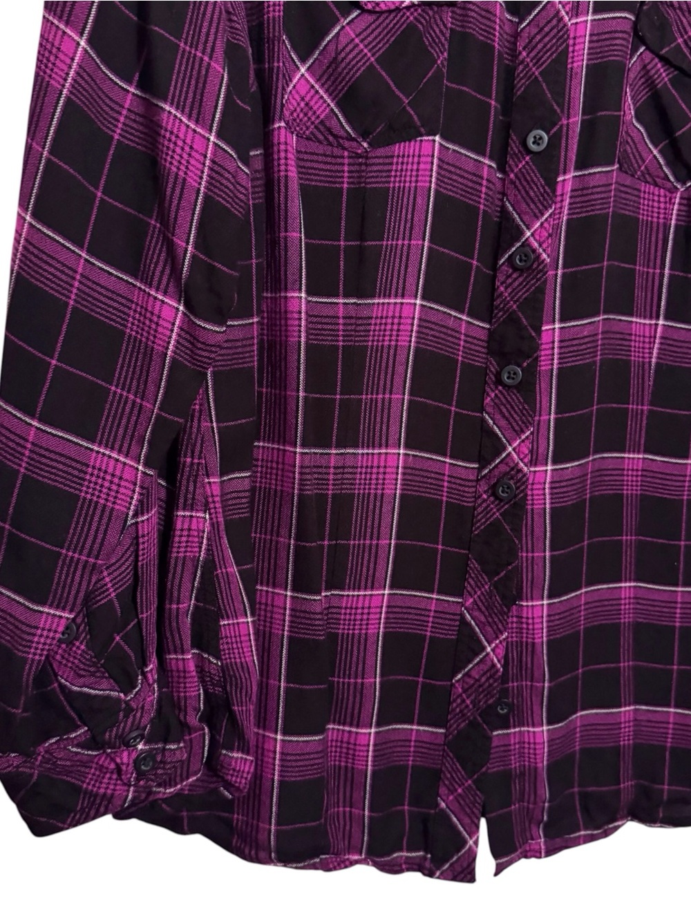 Torrid Size 1X Purple Black Plaid Button Up Top Long Sleeve Rayon Grunge Tunic - Picture 4 of 6